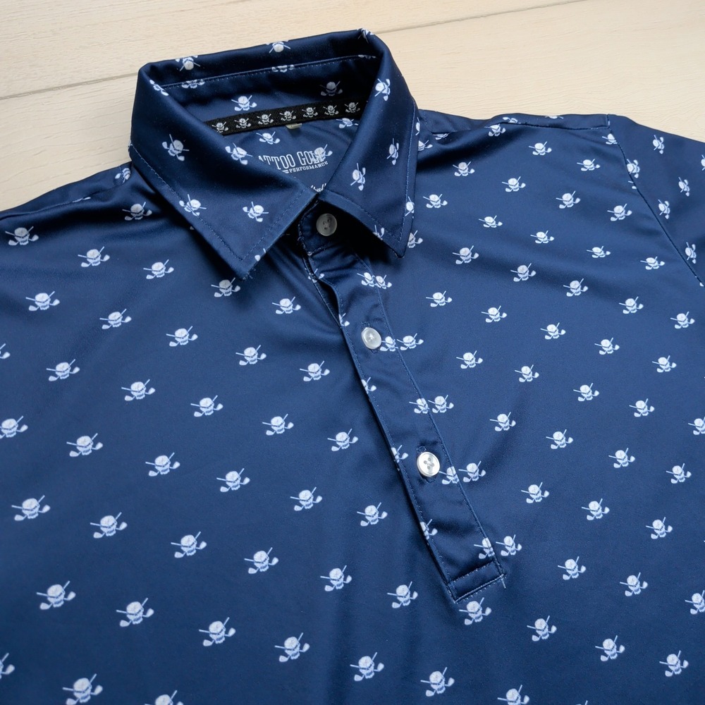 Tattoo Golf ProCool Polo Shirt‎ Mens Small Micro Skulls Blue Performance
